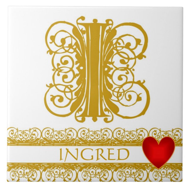 I Monogram Name Gold Lace Red Heart Template Tile (Front)