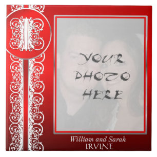 I Monogram "White Lace on Red" with Photo - Tile
