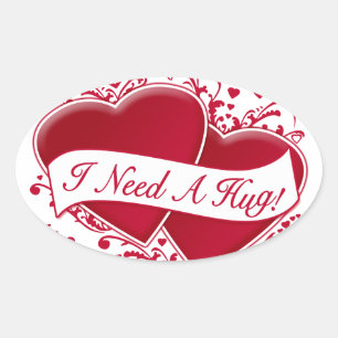 I Need A Hug! Red Hearts Oval Sticker