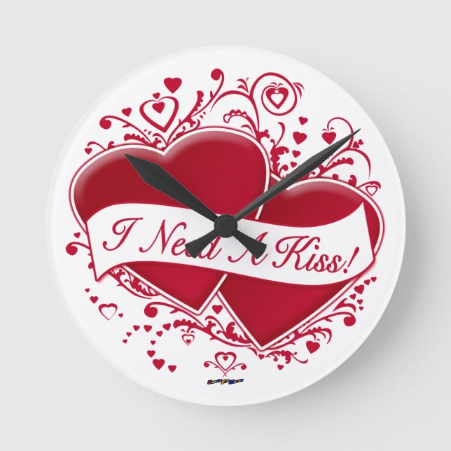 I Need A Kiss! Red Hearts Round Clock (Front)