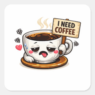 I Need Coffee Funny Quote   Coffee Lover Humour Square Sticker