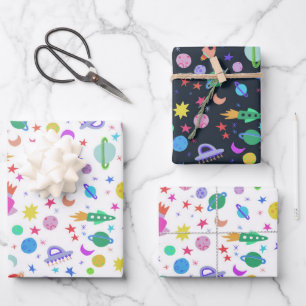 I Need Some Space UFO Rocket Planet Pattern Cute Wrapping Paper Sheet