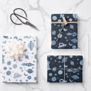 I Need Some Space UFO Rocket Planet Pattern Cute Wrapping Paper Sheet