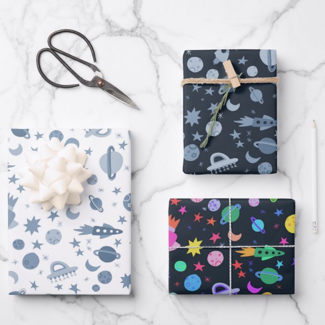 I Need Some Space UFO Rocket Planet Pattern Cute Wrapping Paper Sheet (Front)