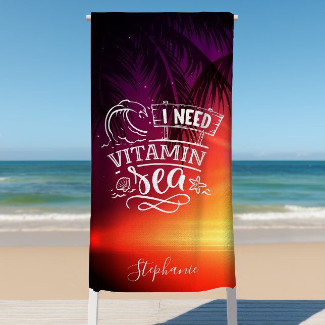 I Need Vitamin Sea Cute Funny Personalised Beach Towel (Creator Uploaded)