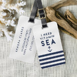 I Need Vitamin Sea Navy Anchor Quote Luggage Tag<br><div class="desc">Stand out at baggage claim with our summery nautical bag tag! Design features the quote "I Need Vitamin Sea" in navy blue lettering with an anchor illustration and a band of navy and white stripes. Add your contact information to the back, or choose the Business Card Slot option and slip...</div>