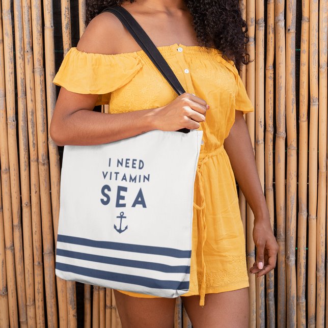 I Need Vitamin Sea Navy and White Nautical Stripe Tote Bag (Creator Uploaded)