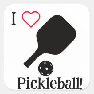 I ❤️ Pickleball in black, white, & red sticker. Square Sticker