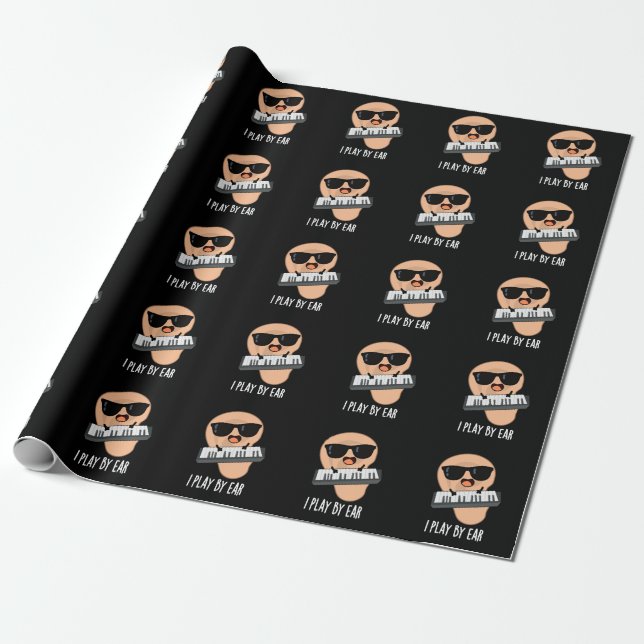 I Play By Ear Funny Music Pun Dark BG Wrapping Paper (Unrolled)