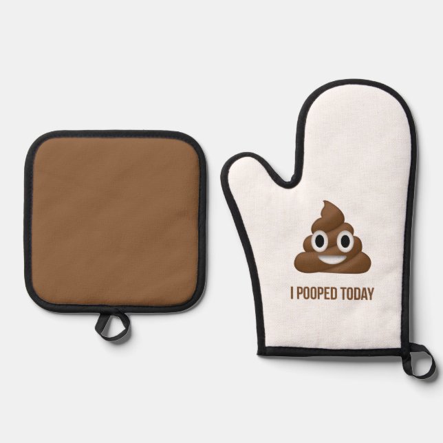 I Pooped Today Funny Emoticon Oven Mitt & Pot Holder Set (Front)