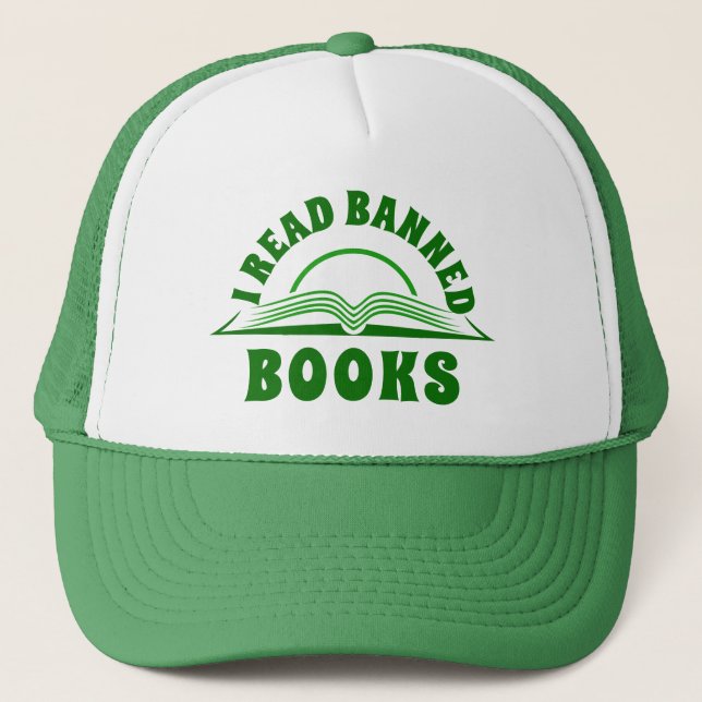 I rad banned book green text design trucker hat (Front)