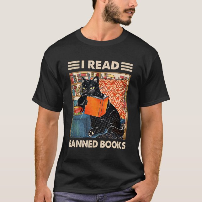 I Read Banned Books Black Cat Reader Bookworm T-Shirt (Front)
