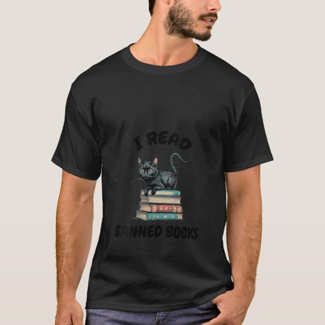 I Read Banned Books Shirt Black Cat Reader Bookwor (Front)