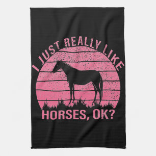 I Really Like Horses in Rose Pink  Tea Towel