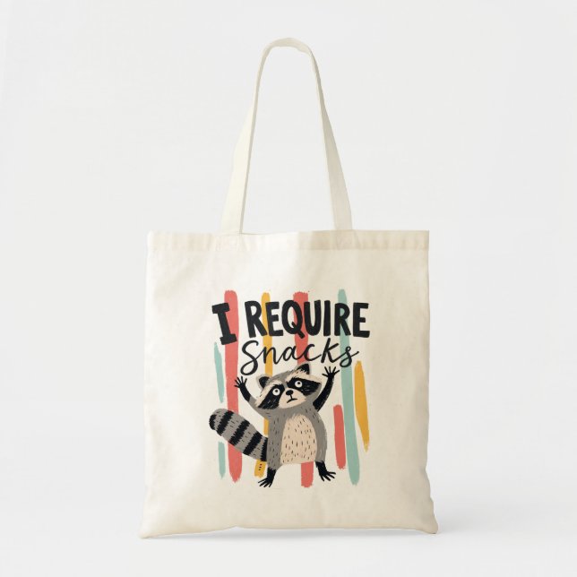 I Require Snacks Funny Racoon Design Tote Bag (Front)
