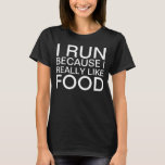 I run because I really like food saying T-Shirt<br><div class="desc">I run because I really like food saying. In large all caps white fonts/letters. Funny gear for working out and keeping fit.</div>