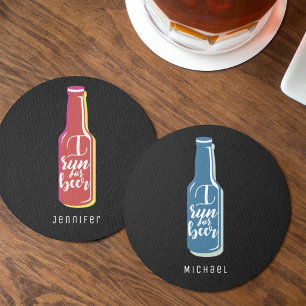 I Run For Beer Fitness Humour Blue Bottle Round Paper Coaster