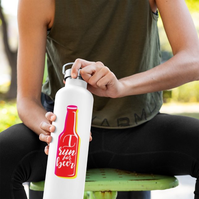 I Run For Beer Fitness Humour Red Beer Water Bottle (Creator Uploaded)