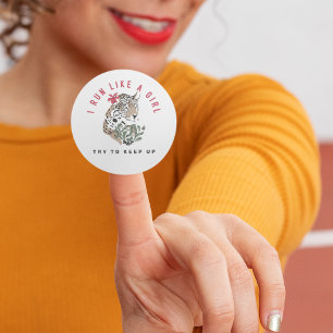 I Run Like A Girl Motivational Red Leopard Graphic Classic Round Sticker