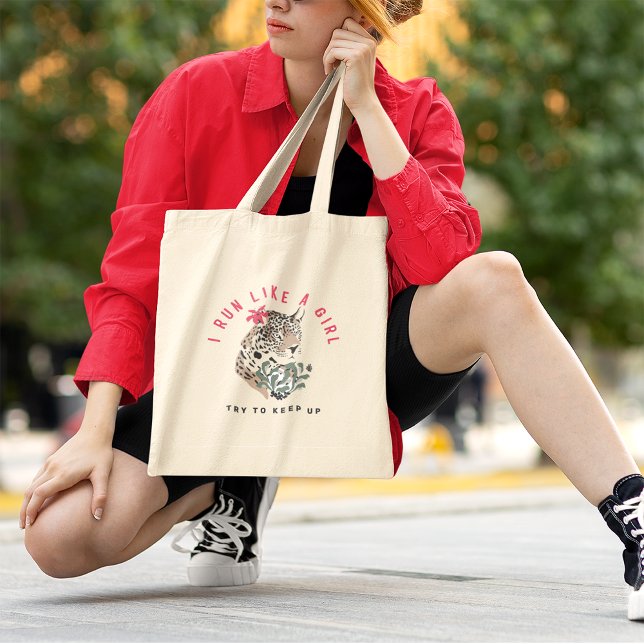I Run Like A Girl Motivational Red Leopard Graphic Tote Bag (Creator Uploaded)