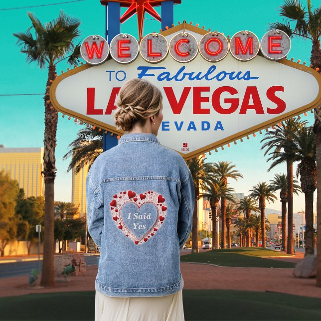 I Said Yes Cute Proposal Red Love Hearts Denim Jacket (Vegas Wedding)