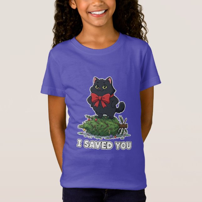 "I Saved You" Funny Black Cat Christmas Tree   T-Shirt (Front)