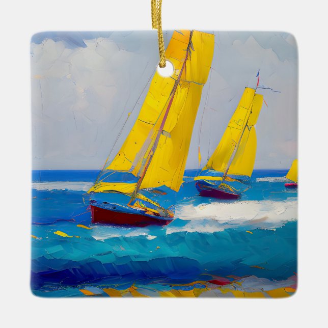 "I saw three boats" Seascape Ceramic Ornament (Front)