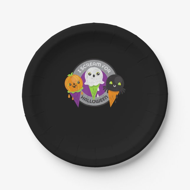 I Scream for Halloween Pumpkin Spider Ghost Paper Plate (Front)