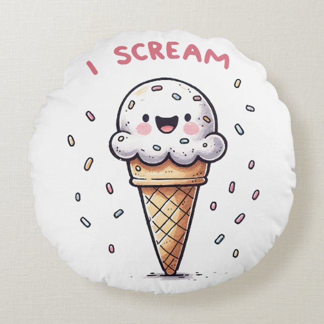 I Scream Ice Cream Cone with Sprinkles Round Cushion (Front)