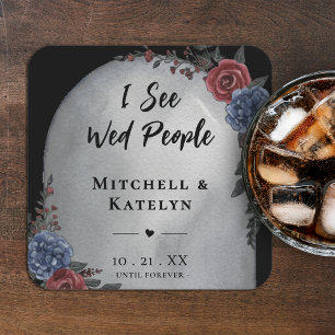 I See Wed People Headstone Floral Gothic Wedding Square Paper Coaster