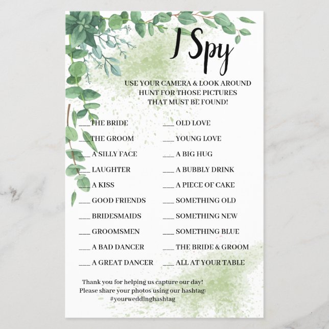 I Spy Eucalyptus Wedding Reception Game Card (Front)