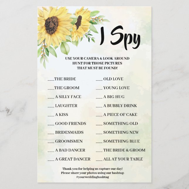 I Spy Sunflowers Wedding Reception Game Card (Front)