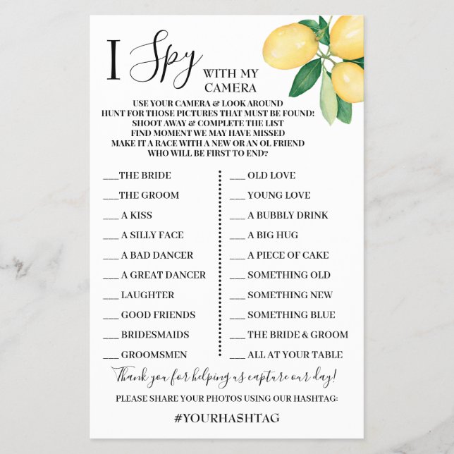 I Spy Wedding Reception Shower Lemons Game Card (Front)