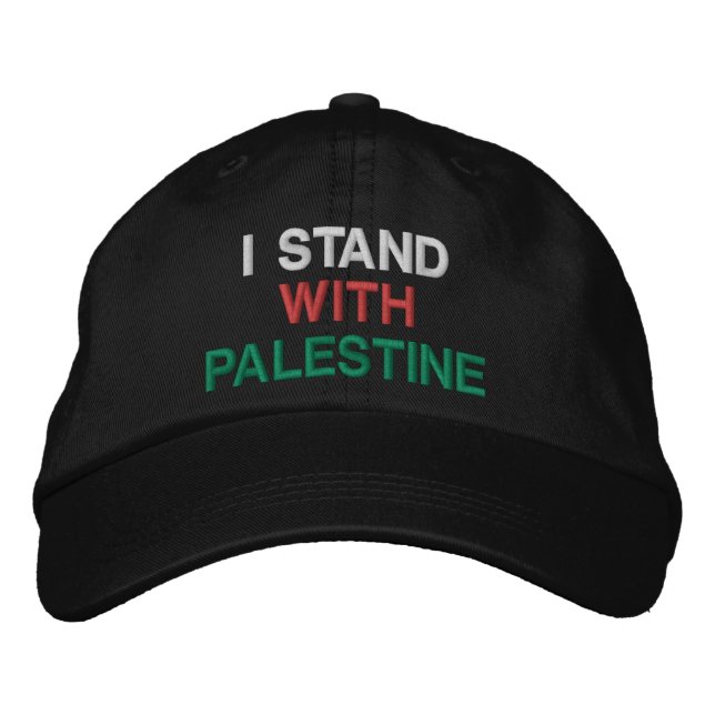 I stand with Palestine white red green black text Embroidered Hat (Front)