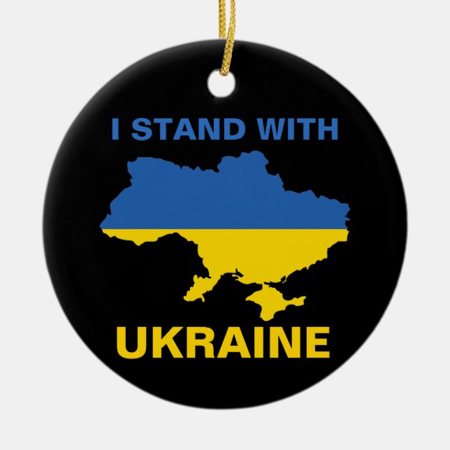 I Stand with Ukraine Ukrainian Flag and Map Ceramic Tree Decoration (Front)