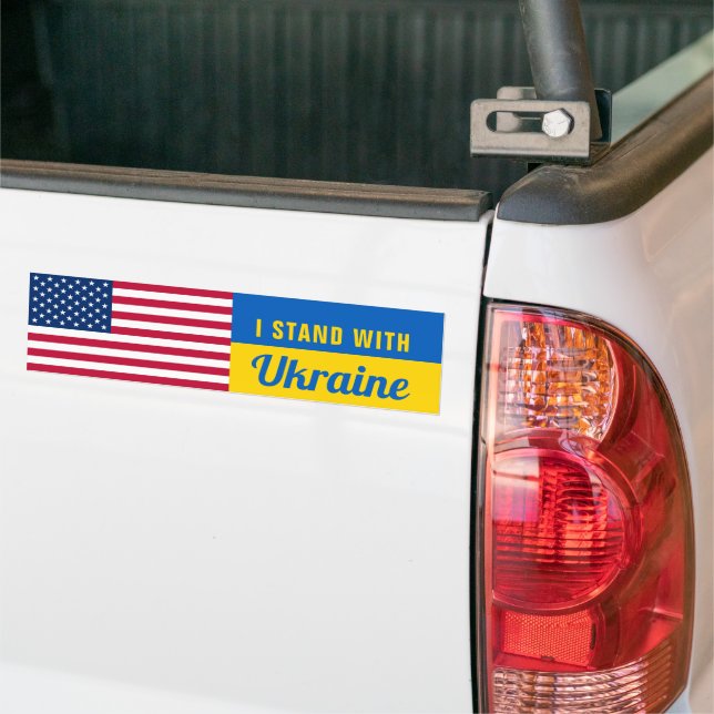 I Stand With Ukraine USA American Flag Support Car Bumper Sticker (On Truck)