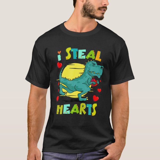 I Steal Hearts Boys Funny Valentines Day Kids Dino T-Shirt (Front)