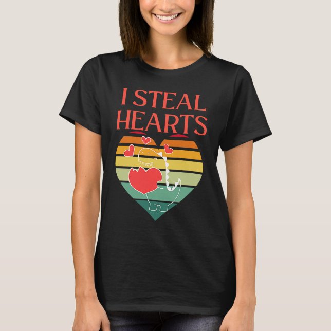 I Steal Hearts Cute Dino Valentines Day T-Shirt (Front)