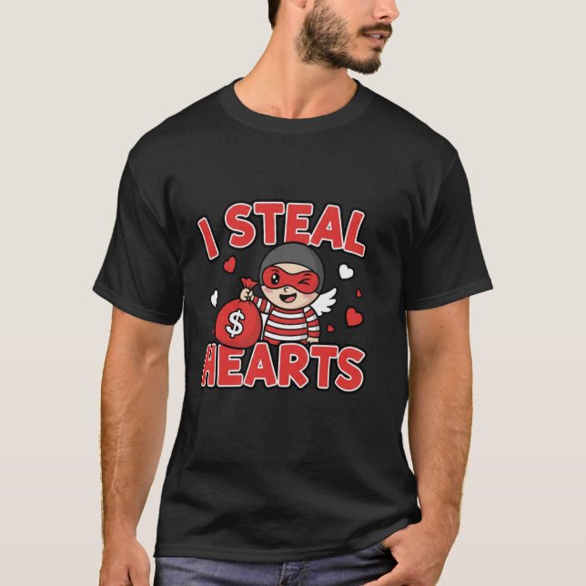 I Steal Hearts Cute Funny Valentine Cartoon Design T-Shirt (Front)