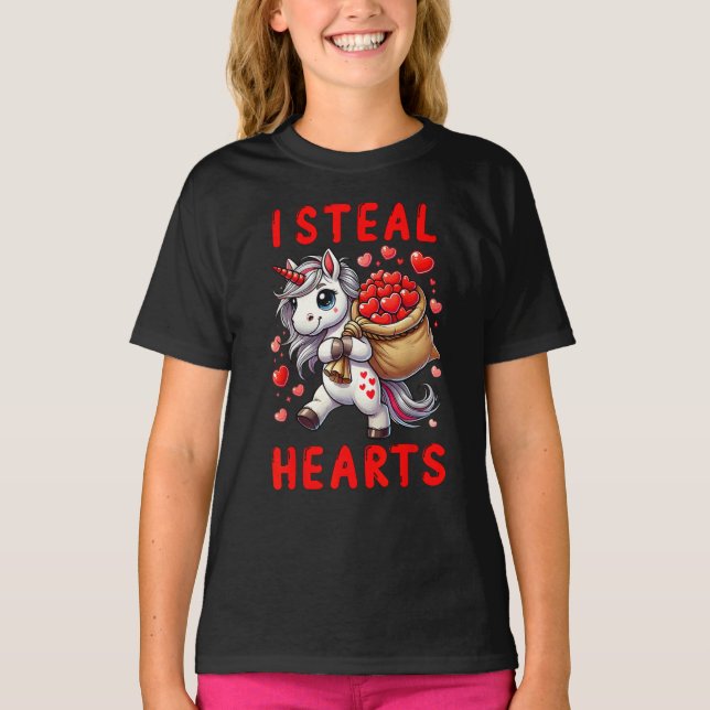 I Steal Hearts Cute Unicorn Valentines Day T-Shirt (Front)