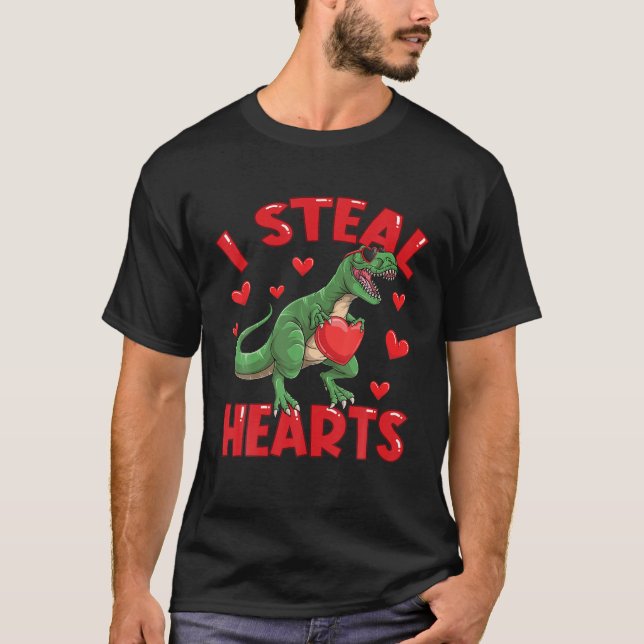 I Steal Hearts Cute Valentines Day Boys Kids Dinos T-Shirt (Front)