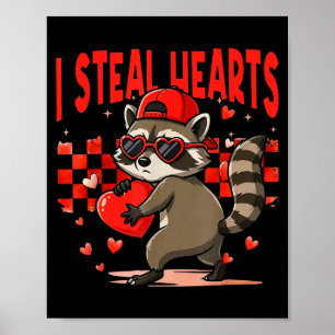I Steal Hearts Design Raccoon Valentine Day Retro  Poster