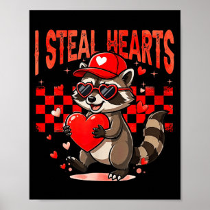 I Steal Hearts Design Raccoon Valentine Day Retro  Poster