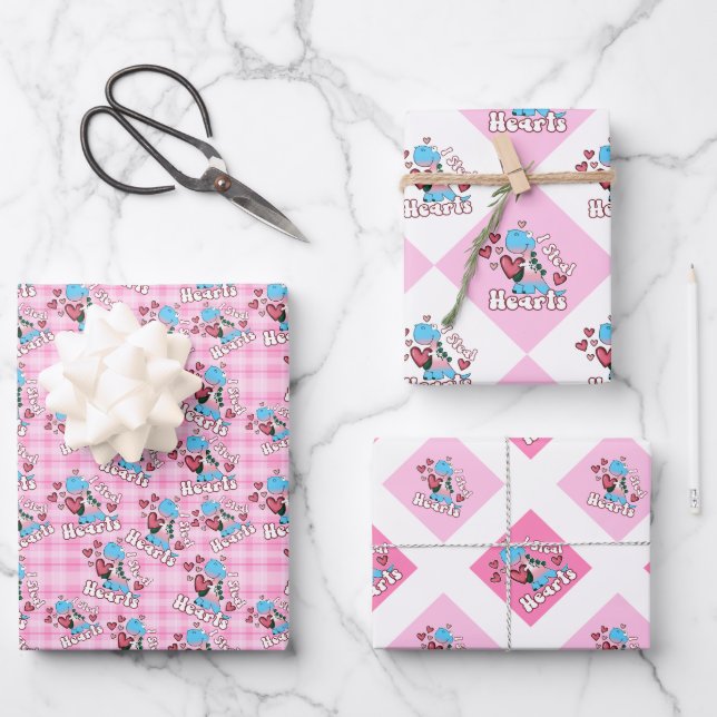 I Steal Hearts, Dinosaur in Transgender Flag Colou Wrapping Paper Sheet (Front)