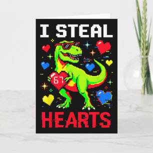 I Steal Hearts Pixel Dinosaur Gamer Valentine  Card