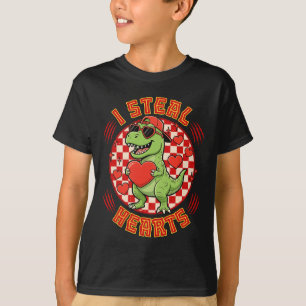 I Steal Hearts Retro Checkered Valentine Dinosaur  T-Shirt