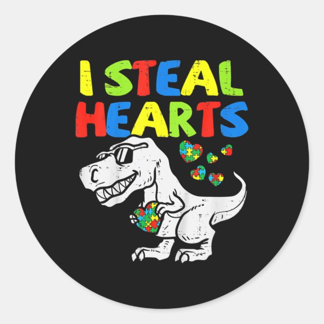 I Steal Hearts Trex Dinosaur Kids Boys Autism Awar Classic Round Sticker (Front)