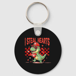 I Steal Hearts Valentine Boys Dinosaur Holding Hea Key Ring