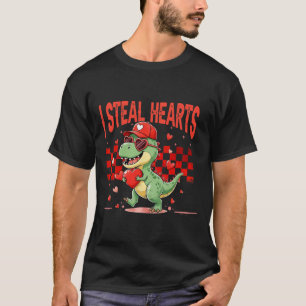 I Steal Hearts Valentine Boys Kids Dinosaur Holdin T-Shirt