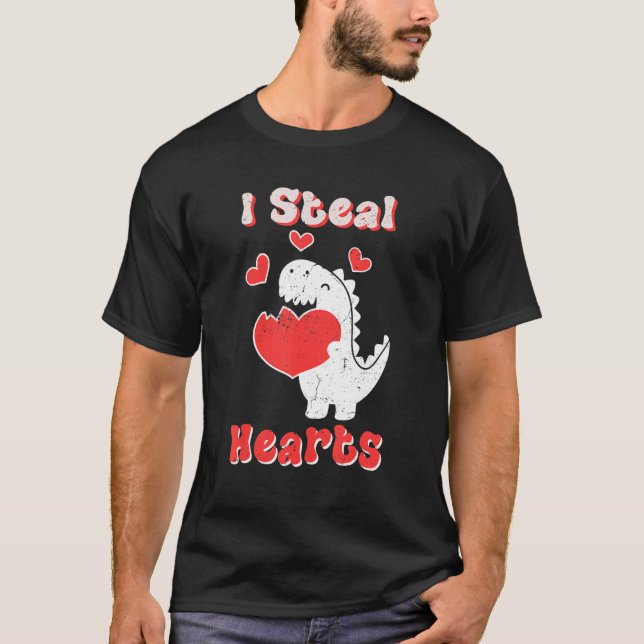 I Steal Hearts Valentines Day Dinosaur Boys Mens L T-Shirt (Front)